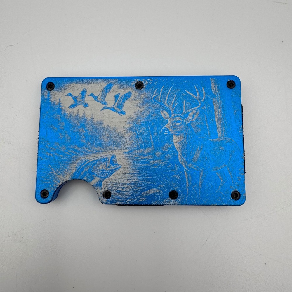 Blue Minimalist Metal Wallet Money Clip Engraved Deer Bass Duck Wildlife Scene